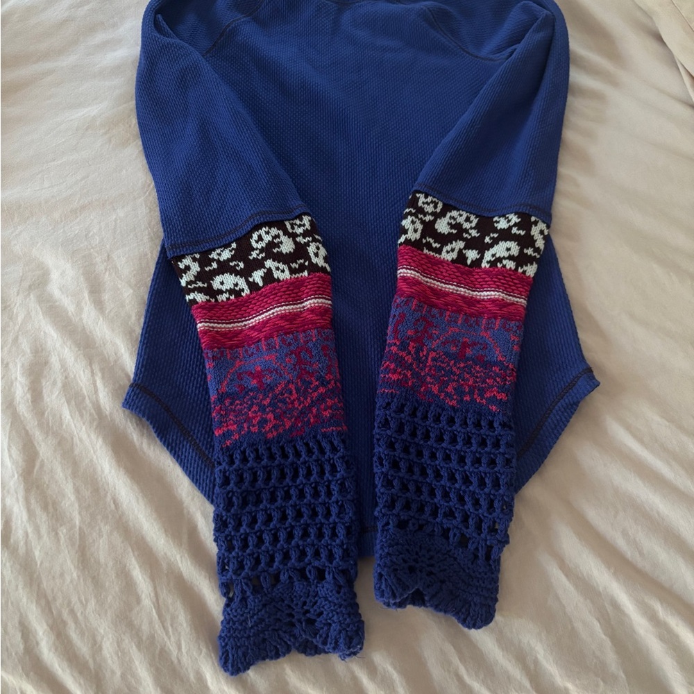 FP Movement by Free People Blue Sweater with Patterned Sleeves